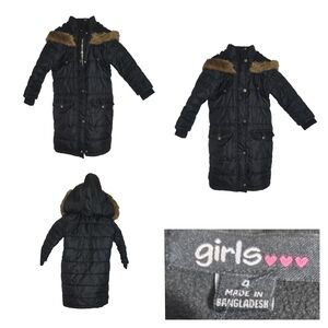 Girls Black Quilted Coat with Faux Fur Hood